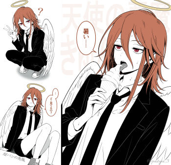 ... 1boy ? absurdres angel angel_devil_(chainsaw_man) angel_wings arms_at_sides artist_name between_legs bishounen black_jacket black_necktie black_pants black_shorts black_suit chainsaw_man character_name closed_mouth collared_shirt commentary_request double-parted_bangs dress_pants dress_shirt eating elbow_rest feathered_wings flat_color food formal_clothes hair_between_eyes halo hand_between_legs hand_up highres holding holding_food holding_ice_cream holding_ice_cream_cone hot ice_cream ice_cream_cone jacket jitome knees_up licking licking_food limited_palette long_bangs long_hair_between_eyes looking_at_viewer looking_to_the_side lower_eyelashes_only male_focus medium_hair multiple_views necktie orange_hair pants patyu3 shadow shirt shoes short_shorts shorts sitting sneakers soft_serve speech_bubble spoken_ellipsis squatting suit suit_jacket sweat text_background tongue tongue_out traditional_halo translation_request twitter_username unamused upturned_eyes v white_background white_shirt wing_collar wings yellow_halo