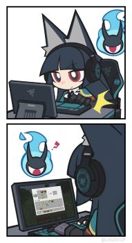 animal_ear_fluff animal_ears aqua_jacket arm_out_of_sleeve black_necktie chair comically_large_ears computer computer_keyboard fingerless_gloves fox_ears fox_girl gauntlets gloves green_jacket headphones highres hoshimi_miyabi jacket jagos_(legocup) minecraft monitor necktie playing_games single_fingerless_glove single_gauntlet tailless_(zenless_zone_zero) zenless_zone_zero