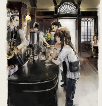 2girls 3boys bag bare_shoulders black_hair black_pants black_vest blouse blue_eyes bottle bracelet brown_hair cafe chibi_(shimon) head_rest coffee coffee_pot commentary cup drinking english_commentary from_behind from_side holding holding_phone indoors jar jewelry long_hair looking_at_another multiple_boys multiple_girls off_shoulder original pants parted_lips phone profile shirt short_sleeves smile solo_focus standing vest white_shirt white_shirt window