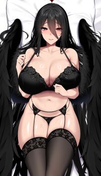 1girl absurdres black_bra black_garter_belt black_hair black_panties black_thighhighs black_wings blue_archive blush bra breasts chixiao cleavage closed_mouth collarbone garter_belt hair_between_eyes hasumi_(blue_archive) highres huge_breasts long_hair looking_at_viewer lying mole mole_under_eye navel on_back panties red_eyes smile solo stomach sweat thighhighs thighs underwear wings