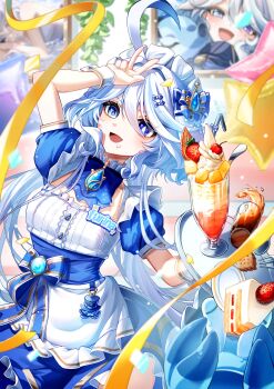 Rule 34 | 1girl, absurdres, ahoge, alternate costume, apron, arm up, ascot, balloon, blue ascot, blue bow, blue dress, blue eyes, blue gem, blue hair, blue pupils, bow, cake, cake slice, character name, commentary, dress, drop-shaped pupils, enmaided, food, frilled apron, frilled hairband, frills, furina (genshin impact), gem, genshin impact, hair between eyes, hair bow, hairband, heterochromia, highres, holding, holding tray, hydro symbol (genshin impact), leegh19769, long hair, maid, maid headdress, multicolored hair, open mouth, spilling, star balloon, surintendante chevalmarin, symbol-shaped pupils, tray, very long hair, vision (genshin impact), w, white apron, white hair, white hairband, white wrist cuffs, wrist cuffs