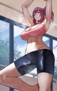 1girl absurdres armpits arms_up bike_shorts blurry blurry_background breasts cleavage folded_fan closed_mouth exercising folding_fan hand_fan highres indoors large_breasts long_hair navel original ponytail purple_eyes purple_hair ribs solo steam steaming_body sweat tight_clothes tree window yoshio_(55level)
