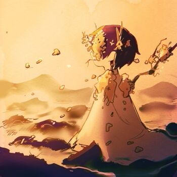 Rule 34 | 1boy, black hair, branch, cloud, coat, e.g.o (project moon), evening, flower, flower over eye, giant, hair flower, hair ornament, highres, limbus company, male focus, mountain, project moon, solo, spicebush (e.g.o), surumenabe, white coat, wings, yellow flower, yi sang (project moon)