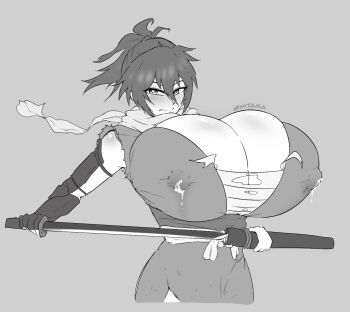 1girl artist_request breasts bursting_breasts chest_sarashi cleavage covered_erect_nipples female_focus fingerless_gloves gigantic_breasts gloves greyscale hitama lactation lactation_through_clothes looking_at_viewer manyuu_chifusa manyuu_hikenchou medium_hair monochrome ponytail sarashi solo sword torn_clothes weapon