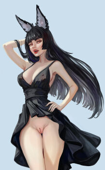 1girl alternate_costume animal_ear_fluff animal_ears armpit_crease black_dress black_hair black_sash blunt_bangs breasts cleavage dress fox_ears fox_girl hand_in_own_hair hand_on_own_hip hand_up highres hoshimi_miyabi large_breasts long_hair looking_at_viewer miserel nail_polish no_panties pussy red_eyes red_lips sash sideboob solo standing thigh_gap upskirt zenless_zone_zero