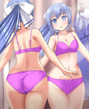 1girl :o absurdres ass back blue_eyes blue_hair blurry blurry_background blush bow bow_bra bow_panties bra breasts cleavage commentary_request commission crotch_seam depth_of_field fitting_room hair_ornament hair_ribbon hairclip highres indoors lace lace-trimmed_bra lace-trimmed_panties lace_trim looking_at_viewer navel original panties partial_commentary pixiv_commission ponytail purple_bra purple_panties reflection ribbon school_uniform small_breasts solo standing underwear underwear_only unworn_clothes white_ribbon zanntetu
