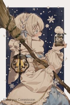 1girl :d bird blonde_hair blue_background blue_dress blue_eyes blue_ribbon border borrowed_character braid broom colored_eyelashes commentary commission cowboy_shot dress english_text frilled_sleeves frills from_side hair_between_eyes hair_ribbon hand_up hashtag-only_commentary highres holding holding_broom ishidzuki655 lantern light_blush long_hair long_sleeves looking_ahead open_mouth original outside_border ribbon skeb_commission smile snowflakes snowing solo standing straight_hair symbol-only_commentary tareme twitter_username two-tone_dress white_bird white_border white_dress