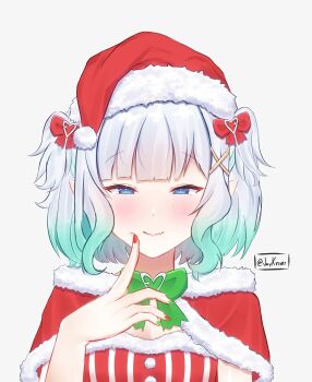 1girl absurdres blue_eyes closed_mouth densetsu.exe dress fang fur-trimmed_dress fur-trimmed_headwear fur_trim gradient_hair green_hair hair_ornament hat highres jaykriver looking_at_viewer mint_fantome multicolored_hair nail_polish red_nails santa_costume santa_dress santa_hat skin_fang smile solo two_side_up white_background white_hair x_hair_ornament