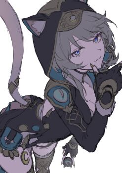 1girl 3yyi3fqrnf93061 :3 animal_ear_fluff animal_ears animal_hood blue_eyes boots bow breasts cat_ears cat_hood cat_tail cipher_(honkai:_star_rail) cleavage coin commentary_request crescent grey_hair hair_bow highres honkai:_star_rail honkai_(series) hood leotard mole mole_on_breast nail_polish pouch solo tail thigh_boots unfinished white_background