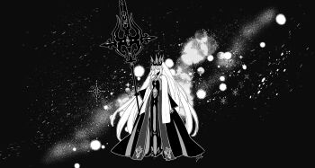 1girl black_dress braid crown dress fate/grand_order fate_(series) hair_between_eyes half_up_braid highres holding holding_polearm holding_weapon long_hair long_sleeves morgan_le_fay_(fate) morgan_le_fay_(queen_of_winter)_(fate) polearm ponytail ryousuke_(tukr5384) smile solo spikes very_long_hair weapon