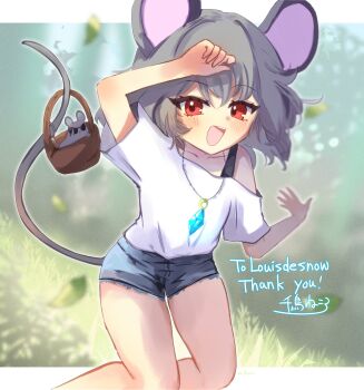 1girl absurdres alternate_costume animal_ears basket blue_shorts blush chidori_nekoro commentary commission commissioner_name contemporary denim english_commentary falling_leaves grey_hair highres holding holding_with_tail jeans jewelry leaf looking_at_viewer mouse_(animal) mouse_ears mouse_girl mouse_tail nazrin necklace open_mouth pants pendant prehensile_tail red_eyes second-party_source shirt short_sleeves shorts skeb_commission smile solo tail touhou watermark white_shirt