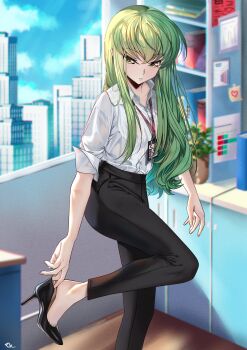 absurdres black_footwear black_pants bra bra_visible_through_clothes budgiepon c.c. code_geass dress_pants green_hair high-waist_pants high_heels highres lanyard long_hair office_lady pants shirt underwear white_shirt yellow_eyes
