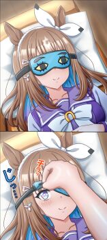 1girl absurdres almond_eye_(umamusume) animal_ears bed blue_eyes blush breasts brown_hair collarbone commentary_request hair_ornament hairband highres horse_ears horse_girl jinsei_owakon_yarou long_hair looking_at_viewer medium_breasts multicolored_hair pillow pov ribbon sleeping smile solo two-tone_hair umamusume