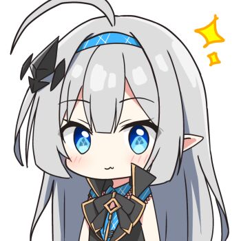 1girl ahoge black_bow black_bowtie black_shirt blue_eyes blue_hairband blush bow bowtie chibi chibi_only closed_mouth commentary_request double-parted_bangs female_tyrant_(stella_sora) grey_hair hair_ornament hairband kotatsu-mazoku long_hair looking_at_viewer pointy_ears shirt sidelocks simple_background sleeveless sleeveless_shirt solo stella_sora tyrant_(stella_sora) upper_body white_background