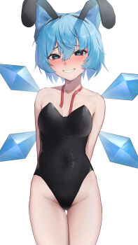1girl absurdres alternate_costume animal_ear_hairband animal_ears arms_behind_back bare_arms bare_legs black_leotard blue_bow blue_eyes blue_hair blush bow breasts cirno collarbone commentary_request cowboy_shot detached_wings fairy fake_animal_ears gluteal_fold grin groin hair_between_eyes hair_bow hairband highleg highleg_leotard highres ice ice_wings leotard looking_at_viewer multiple_wings neck_ribbon nose_blush playboy_bunny rabbit_ear_hairband rabbit_ears red_ribbon ribbon short_hair simple_background small_breasts smile solo strapless strapless_leotard sweat tears thigh_gap toriare_(lyyj0nzq5zhzanl) touhou undone_neck_ribbon white_background wings