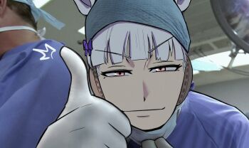 1boy 1girl 1other animal_ears blunt_bangs closed_mouth elbow_gloves gloves gold_ship_(umamusume) grey_hair highres horse_ears horse_girl hospital johnholl0w long_hair looking_at_viewer mask mask_pull medical_scrubs meme mouth_mask mr._bean_(series) parody purple_eyes solo_focus surgical_gloves surgical_mask thumbs_up umamusume