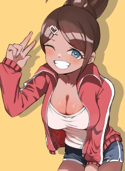 1girl asahina_aoi bababaeki00 blue_eyes blue_shorts blush breasts brown_hair cleavage commentary_request danganronpa:_trigger_happy_havoc danganronpa_(series) dark-skinned_female dark_skin eyelashes hair_ornament hairclip highres jacket long_sleeves one_eye_closed open_clothes open_jacket ponytail red_jacket shadow shirt shorts simple_background smile solo tan teeth v white_shirt yellow_background