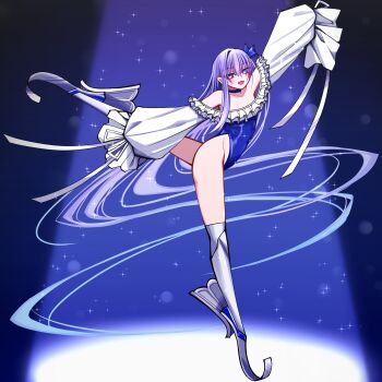 Rule 34 | 1girl, absurdres, ass, ballet, bare shoulders, blue eyes, blue ribbon, blush, breasts, choker, commentary request, commission, curvy, dancing, fate/grand order, fate (series), frills, full body, hair ribbon, highleg, highleg one-piece swimsuit, highres, long hair, long sleeves, looking at viewer, mcpc zamurai, meltryllis, meltryllis (fate), meltryllis (swimsuit lancer) (fate), meltryllis (swimsuit lancer) (second ascension) (fate), off-shoulder one-piece swimsuit, off shoulder, one-piece swimsuit, open mouth, prosthesis, prosthetic leg, puffy sleeves, purple hair, ribbon, shiny skin, skeb commission, sleeves past fingers, sleeves past wrists, small breasts, smile, solo, swimsuit, thong one-piece swimsuit, very long hair, white ribbon, wide hips