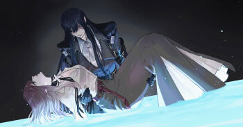 2girls black_gloves black_hair carrying closed_eyes collared_shirt gloves gradient_hair highres kurokawa_karasu long_hair military_uniform multicolored_hair multiple_girls necktie partially_submerged path_to_nowhere princess_carry purple_hair rahu_(path_to_nowhere) scar scar_across_eye scar_on_face shalom_(path_to_nowhere) shirt unconscious white_shirt