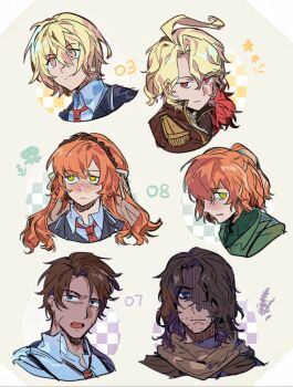 Rule 34 | 2boys, 4girls, ahoge, blonde hair, brown hair, brown scarf, closed mouth, collared shirt, don quixote (project moon), dual persona, erlking heathcliff (project moon), green eyes, hair ribbon, heathcliff (project moon), highres, ishmael (project moon), ishmael (the pequod) (project moon), limbus company, long hair, multiple boys, multiple girls, necktie, open mouth, orange hair, parted bangs, project moon, purple eyes, red eyes, red necktie, ribbon, sancho (project moon), scarf, shirt, short hair, simple background, smile, very long hair, wavy hair, white background, white ribbon, white shirt, wrong5166, yellow eyes