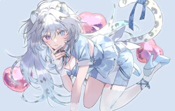Rule 34 | 1girl, balloon, blue background, blue eyes, blue ribbon, blush, breasts, cleavage, closed mouth, garter straps, gloves, heart balloon, heterochromia, high heels, jewelry, lace, lace gloves, long hair, looking at viewer, mc copycat, multiple rings, original, pinstripe pattern, purple eyes, ribbon, ring, short sleeves, simple background, single thighhigh, snow leopard ears, snow leopard girl, snow leopard tail, solo, tail, tail ornament, tail ribbon, thighhighs, very long hair, white gloves, white hair, white thighhighs