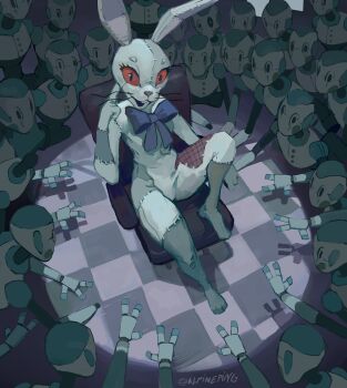 1girl :d absurdres alpineping animal_costume animal_ears artist_name blue_bow blue_bowtie bow bowtie buck_teeth chair checkered_floor commentary english_commentary eyelashes fake_animal_ears five_nights_at_freddy's five_nights_at_freddy's:_security_breach from_above hand_up highres humanoid_robot knee_up looking_at_viewer on_chair open_mouth patchwork_clothes rabbit_costume rabbit_ears red_eyes robot sitting smile spotlight staff_bot teeth tile_floor tiles twitter_username upper_teeth_only vanny_(fnaf)
