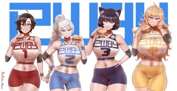 4girls aestheticc-meme ahoge alternate_breast_size_(larger) animal_ears bare_shoulders bike_shorts black_hair blake_belladonna blonde_hair blue_eyes breasts burger cat_ears closed_mouth compression_sleeve elbow_pads english_text food gloves gluteal_fold gradient_hair grey_eyes hand_on_own_face high_ponytail highres holding holding_food large_breasts long_hair looking_at_viewer medium_breasts midriff multicolored_hair multiple_girls navel open_mouth ponytail purple_eyes red_hair ruby_rose rwby short_hair shorts simple_background smile sports_bra sportswear sweatband teeth thigh_gap wavy_hair weiss_schnee white_hair yang_xiao_long yellow_eyes