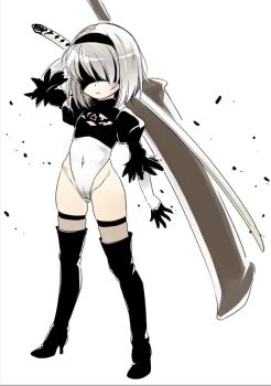 1girl 2b_(nier:automata) aged_down blindfold boots cameltoe covered_eyes covered_navel expressionless feather_trim flat_chest full_body grey_hair hairband high_heel_boots high_heels highleg highleg_leotard juliet_sleeves katana leotard loli long_sleeves nier:automata nier_(series) puffy_sleeves rori_chuushin short_hair sketch solo sword thigh_boots virtuous_contract weapon