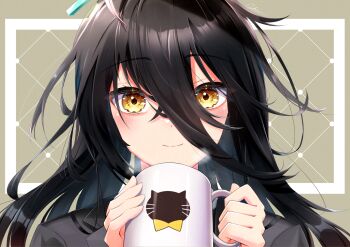 1girl animal_print black_coat blonde_hair blush cat_print closed_mouth coat commentary cup ear_ornament ear_tag hands_up highres holding holding_cup long_hair long_sleeves looking_at_viewer manhattan_cafe_(umamusume) mug multicolored_hair oukei smile solo steam steaming_cup symbol-only_commentary umamusume white_hair yellow_eyes