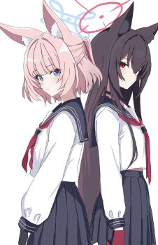 2girls animal_ear_fluff animal_ears black_hair black_skirt blue_archive blue_eyes blue_halo blue_sailor_collar blue_skirt blush closed_mouth commentary_request fox_ears fox_girl from_side gloves hair_between_eyes half_updo halo highres kamitosayu long_hair multiple_girls neckerchief niko_(blue_archive) pink_hair pleated_skirt red_eyes red_gloves red_halo red_neckerchief sailor_collar school_uniform serafuku shirt short_hair sidelocks skirt white_shirt yukino_(blue_archive)
