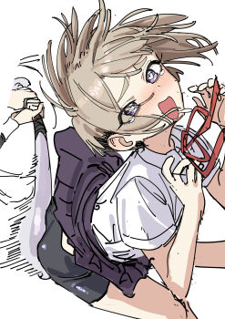 2girls absurdres aluminum_bat aroused ass ass_smack baseball_bat bent_over bike_shorts blush brown_hair clothes_lift collared_shirt drooling flat_ass floating_hair furrowed_brow hands_up haruyuki_(gffewuoutgblubh) head_back heart heart-shaped_pupils highres hitting holding holding_baseball_bat kimi_no_koto_ga_dai_dai_dai_dai_daisuki_na_100-nin_no_kanojo masochism meido_mei motion_lines multiple_girls neck_ribbon nose_blush open_mouth out_of_frame purple_eyes red_ribbon ribbon shirt short_hair short_sleeves simple_background skirt skirt_lift smile solo_focus spanked spanking sutou_iku symbol-shaped_pupils thick_eyebrows undercut white_background white_shirt wind wind_lift