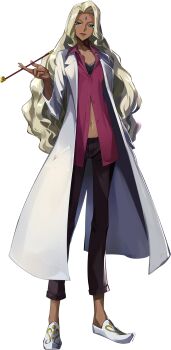 1girl black_bra blonde_hair blue_eyes bra bra_peek breasts cleavage coat code_geass code_geass:_genesic_re;code collarbone collared_shirt cropped_torso dark-skinned_female dark_skin facial_mark forehead forehead_mark half-closed_eyes hand_up highres holding holding_smoking_pipe lipstick long_hair long_sleeves looking_at_viewer makeup medium_breasts official_art open_clothes open_coat open_shirt parted_lips rakshata_chawla red_lips red_shirt shirt sidelocks simple_background smoking_pipe solo standing teeth transparent_background underwear upper_body v-shaped_eyebrows white_coat