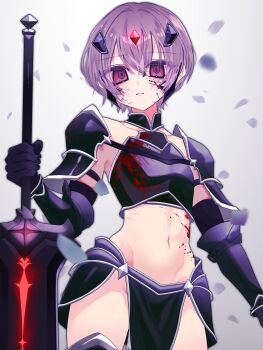 1girl absurdres armor armored_boots bare_shoulders bikini_armor black_armor black_gloves blood blood_on_clothes blood_on_face blood_on_stomach boots breastplate closed_mouth collarbone commentary_request cowboy_shot cracked_skin ets_zombie faulds flat_chest forehead_jewel gauntlets gloves gradient_background greatsword groin hair_between_eyes highres holding holding_sword holding_weapon knight looking_at_viewer midriff navel original pelvic_curtain planted planted_sword planted_weapon purple_eyes purple_hair short_hair shoulder_armor sidelocks solo standing sword weapon