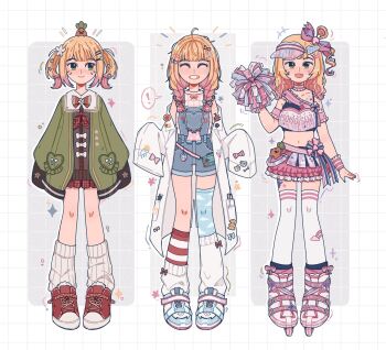 ! 1girl 38raccoons ahoge asymmetrical_legwear blonde_hair blue_overalls blue_shoes blue_thighhighs blunt_bangs bow braid brown_cardigan cardigan character_name cheerleader closed_eyes closed_mouth commentary crop_top denim denim_overalls english_commentary fang flower frilled_sash frilled_skirt frilled_wristband frills full_body gradient_hair green_eyes green_jacket grid_background hair_bow hair_flower hair_ornament hair_rings hairclip highres hololive inline_skates jacket lab_coat long_hair looking_at_viewer loose_socks low_twin_braids medium_hair midriff miniskirt mismatched_legwear momosuzu_nene momosuzu_nene_(7th_costume) momosuzu_nene_(casual) momosuzu_nene_(cheerleader) multicolored_hair multiple_persona multiple_views navel nekko_(momosuzu_nene) notice_lines official_alternate_costume official_alternate_hairstyle on_head open_mouth overalls oversized_clothes pink_bow pink_hair pink_skirt pink_visor plaid_clothes plaid_skirt pleated_skirt pom_pom_(cheerleading) red_shoes red_skirt red_thighhighs roller_skates sailor_collar sash see-through_clothes see-through_headwear shoes sideways_hat skates skirt sleeves_past_fingers sleeves_past_wrists smile sneakers socks socks_over_thighhighs spoken_exclamation_mark sports_bra_peek sticker sticker_on_face stomach striped_clothes striped_thighhighs thighhighs twin_braids twintails uneven_legwear virtual_youtuber visor_cap white_flower white_sailor_collar white_socks white_thighhighs
