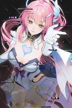 Rule 34 | 1girl, aemeath (wuthering waves), bare shoulders, breasts, cleavage, closed mouth, commentary, elbow gloves, english commentary, eri (skyyu u), glitch, gloves, hair ornament, highres, leotard, long hair, looking at viewer, medium breasts, orange eyes, pink hair, reaching, reaching towards viewer, showgirl skirt, skirt, smile, solo, star-shaped pupils, star (symbol), strapless, strapless leotard, symbol-shaped pupils, tacet mark (wuthering waves), thighs, twitter username, white gloves, white leotard, white skirt, wuthering waves