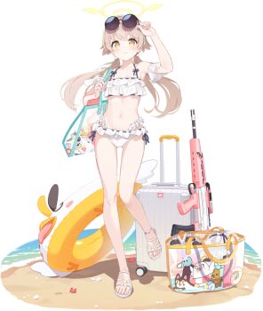 1girl adjusting_eyewear anklet arm_up armpits assault_rifle bag beach bikini blonde_hair blue_archive blush breasts bullpup closed_mouth crab detached_sleeves expressionless eyewear_on_head feet female_focus flower footwear_flower frilled_bikini frills full_body game_asset groin gun hair_flaps hair_ribbon halo hand_up hifumi_(blue_archive) hifumi_(swimsuit)_(blue_archive) holding_strap innertube jewelry l85 large_variant_set leg_up legs long_hair looking_at_viewer multi-strapped_bikini_bottom navel official_art peroro_(blue_archive) ribbon ribbon-trimmed_bikini ribbon_trim rifle rolling_suitcase ruffle_bikini sand sandals seashell shell short_sleeves shoulder_bag side-tie_bikini_bottom sidelocks small_breasts solo standing standing_on_one_leg starfish stomach suitcase sunglasses swim_ring swimsuit tachi-e thighs third-party_source toes transparent_background transparent_bag twintails variant_set water weapon white_bikini white_ribbon white_sandals white_sleeves yellow_eyes yellow_halo yutokamizu