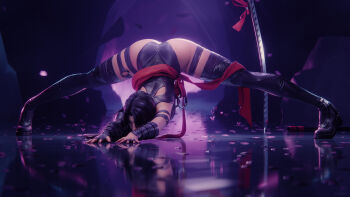 1girl 3d arched_back ass blender_(medium) boots bug butterfly ecksoh fingerless_gloves flexible gloves hands_on_ground highres insect jack-o'_challenge leotard marvel marvel_rivals petals pink_petals planted planted_sword planted_weapon psylocke psylocke_(vengeance) purple_leotard purple_thighhighs red_sash reflective_floor sash single_glove spread_legs stretching superhero_costume sword thigh_boots thighhighs top-down_bottom-up waist_sash weapon wide_spread_legs x-men