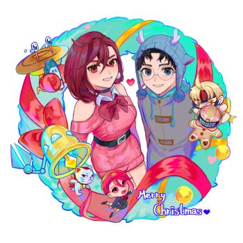2girls 3boys absurdres alien antlers ayase_momo ball bare_shoulders bell belt belt_buckle black_choker black_hair blonde_hair brown_eyes brown_hair buckle cat chibi choker christmas coat collared_shirt commentary cowboy_shot dandadan dress drink_carton english_commentary enjoji_jin evil_eye_(dandadan) fake_antlers glasses hair_between_eyes hat heart highres holding holding_milk_carton hood hood_down hoodie horns looking_at_viewer marigold_chumi medium_hair merry_christmas milk_carton mr._mantis_shrimp multiple_boys multiple_girls parted_lips pink_dress pink_hair pink_sweater reindeer_antlers round_eyewear shiratori_aira_(dandadan) shirt short_dress short_hair smile sweater sweater_dress takakura_ken_(dandadan) third_eye transformation turbo_granny_(dandadan) white_shirt