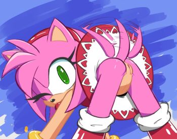 1girl all_fours amy_rose animal animal_ears ass bent_over boots bracelet dress from_behind furry green_eyes hairband heart hedgehog hedgehog_girl highres jewelry loli looking_at_viewer looking_back no_panties one_eye_closed pink_fur pink_hair pussy red_boots red_dress sega short_hair sleeveless sleeveless_dress smile sonic_(series) spiked_hair tail tail_wagging tongue tongue_out upskirt wink zennyc