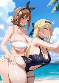 2girls absurdres amadeuslight atelier_(series) atelier_resleriana atelier_ryza beach bent_over bikini blonde_hair blue_sky breasts brown_eyes brown_hair buttjob closed_mouth commentary cum cum_on_body cum_on_penis day english_commentary futa_with_female futanari green_eyes highres huge_breasts humping jewelry klaudia_valentz klaudia_valentz_(moonlit_beach) long_hair medium_hair multiple_girls navel necklace official_alternate_costume outdoors penis reisalin_stout sky swimsuit thighs uncensored