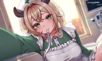 1girl absurdres bed blurry blurry_background breasts brown_hair dress green_dress green_eyes hat highres hospital hospital_bed indie_virtual_youtuber indoors large_breasts looking_at_viewer newmoonshira nimi_nightmare nimi_nightmare_(1st_costume) nurse_cap selfie solo virtual_youtuber window