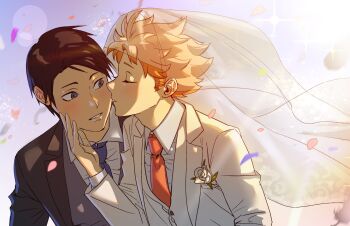 2boys black_hair black_suit blue_necktie blush bridal_veil closed_eyes collared_shirt commentary corsage falling_feathers falling_petals feathers formal_clothes haikyuu!! highres hinata_shouyou husband_and_husband jacket kiss kissing_cheek looking_at_another male_focus multiple_boys necktie orange_hair orange_necktie parted_lips petals shirt short_hair suit suit_jacket teeth tinh_daubuoi upper_body veil wedding_suit white_jacket white_shirt white_suit yaoi