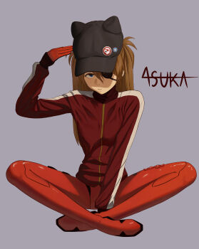 1girl :/ absurdres artist_request blue_eyes bodysuit bodysuit_under_clothes breasts brown_hair character_name closed_mouth crossed_legs eyepatch full_body grey_background hair_between_eyes hat highres jacket long_hair looking_at_viewer neon_genesis_evangelion rebuild_of_evangelion red_bodysuit shiny_clothes simple_background solo souryuu_asuka_langley tsundere