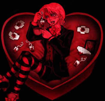 absurdres blonde_hair blood bow cup dio_brando drinking_blood eyelashes fangs heart highres jojo_no_kimyou_na_bouken jonathan_joestar kasanemichael male_focus menstrual_blood menstrual_pad menstruation panties phantom_blood smile tampon teacup tongue tongue_out underwear vampire