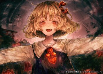 1girl ascot black_vest blonde_hair darkness fleuriste hair_ribbon highres open_mouth outstretched_arms red_ascot red_eyes red_ribbon ribbon rumia sharp_teeth short_hair smile spread_arms teeth touhou touhou_danmaku_kagura upper_teeth_only vest