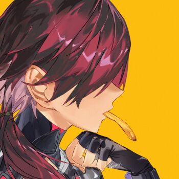 1boy absurdres black_gloves commentary fingerless_gloves food food_in_mouth french_fries from_side gloves hair_between_eyes hand_up head_rest highres kome_non lauren_iroas lauren_iroas_(1st_costume) long_hair male_focus nijisanji ponytail portrait red_hair side_ponytail simple_background solo symbol-only_commentary virtual_youtuber yellow_background