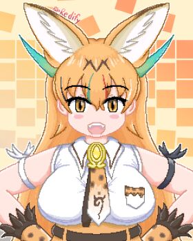 1girl animal_ears animal_print bare_shoulders blonde_hair cat_ears cat_print commentary dragon_girl dragon_serval_(kemono_friends) english_commentary fangs fingerless_gloves frilled_gloves frills gloves hair_between_eyes high-waist_skirt highres horns iredify japari_symbol kemono_friends kemono_friends_3 long_hair looking_at_viewer multicolored_horns necktie pixel_art print_gloves print_necktie rainbow_horns shirt skirt sleeveless smile solo tail white_shirt yellow_eyes yellow_gloves yellow_necktie yellow_skirt