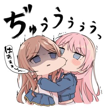 2girls bang_dream! bang_dream!_it&#039;s_mygo!!!!! biting biting_cheek black_choker blue_eyes blue_jacket blush brown_hair chibi chihaya_anon choker commentary cropped_jacket gloom_(expression) grey_eyes highres jacket jitome kanade_(kanade_3344) long_hair midriff multiple_girls nagasaki_soyo parted_bangs parted_lips pink_hair sidelocks simple_background trembling upper_body white_background yuri