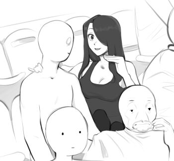 1girl 1other 2boys black_hair black_tank_top breasts bro_explaining_(meme) chair cleavage facial_hair goatee hair_over_one_eye hand_on_another&#039;s_shoulder highres long_hair looking_at_another meme monochrome multiple_boys nila_(telepurte) original sitting smile tank_top telepurte