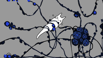 >_< blue_theme closed_eyes closed_mouth colored_skin creature crying daddy_long_legs_(rain_world) grey_background highres holding imminent_death no_humans peril rain_world simple_background slugcat tears tentacles tied_up_(nonsexual) tsukumizu white_skin